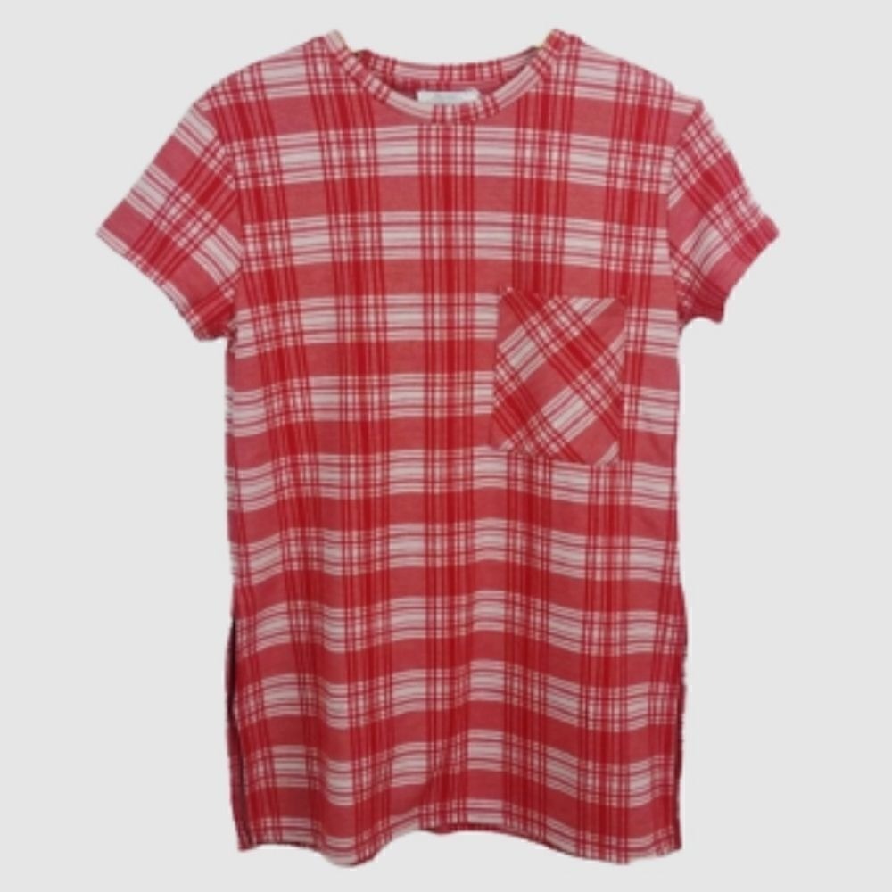Zara Trafaluc Red White Plaid Short Sleeve Pocket Tunic Tee Shirt Size Small‎
